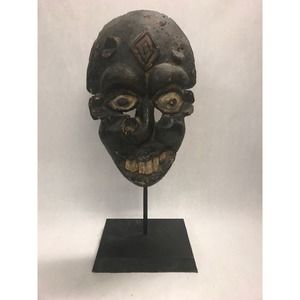 EKPO African Wood carved hand made tribal mask Medicine man Vintage Stand IBIBIO